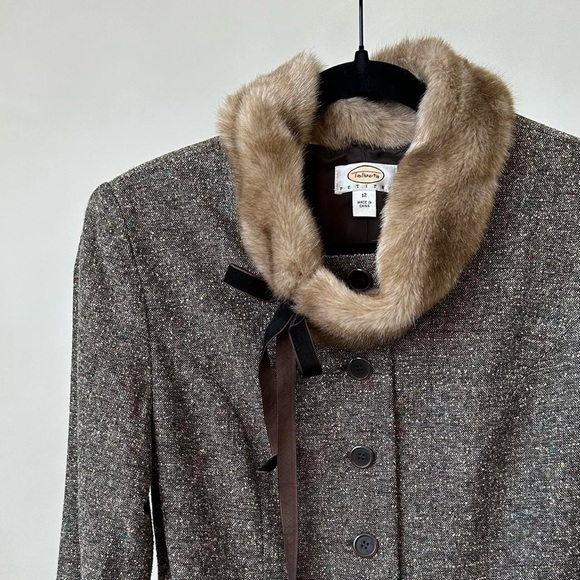 Vintage Sophisticated Brown Tweed Blazer Jacket  Faux Fur Trimmed Collar-12 P - Picture 3 of 9